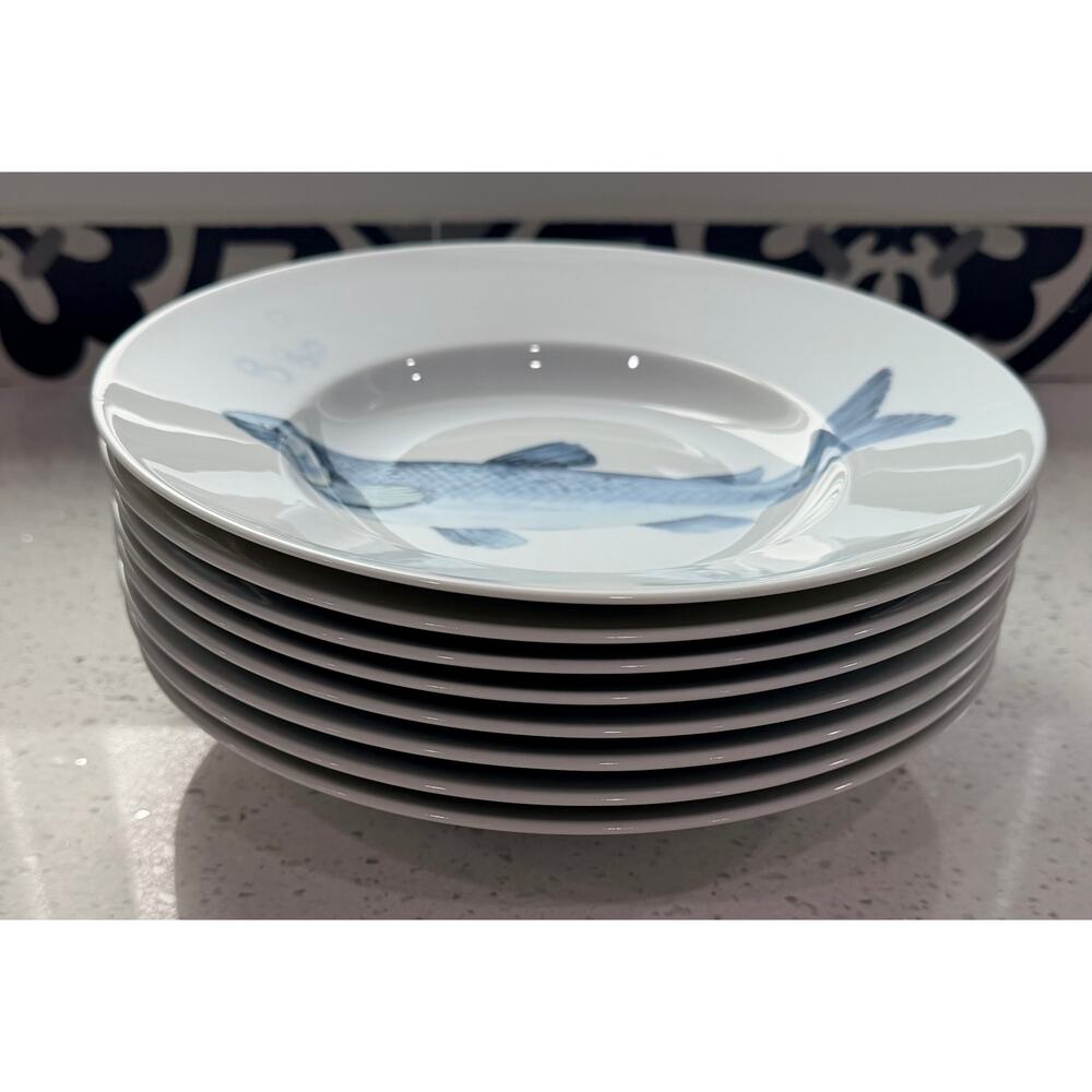 Vintage Set of 8 Schumann Arzberg Germany Blue Fish Rim Soup Bowls 9.5" - Picture 2 of 5